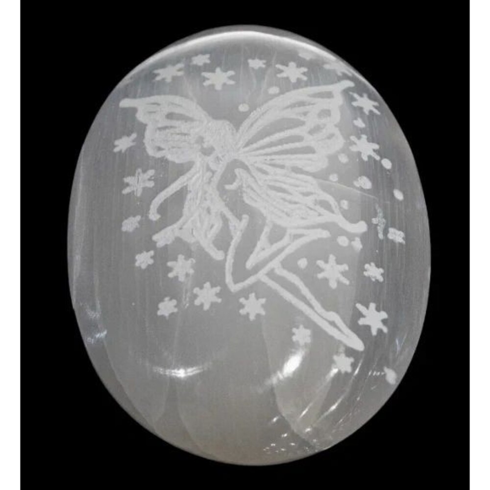 Selenite Fairy Palm Stone – Engraved Handmade Crystal – 2" x 3"